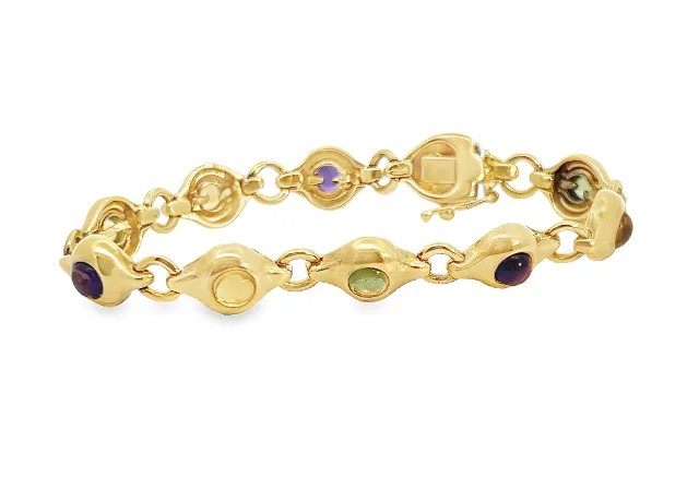 Gold bangle bracelets for women with a minimalist and sleek design-14Y Solid Multi-Gemstone Cabochon Bracelet (Peridot, Citrine and Amethyst)