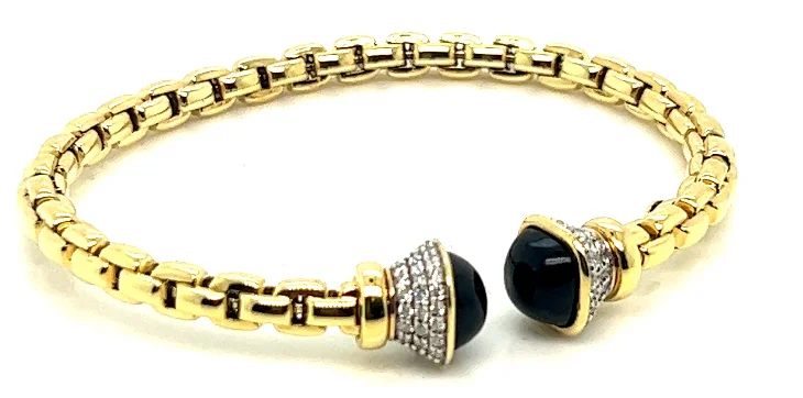 Wide bangle bracelets with boho-inspired patterns for a free-spirited design-14Y Square Link Cuff Bracelet with Diamond and Onyx Cabs