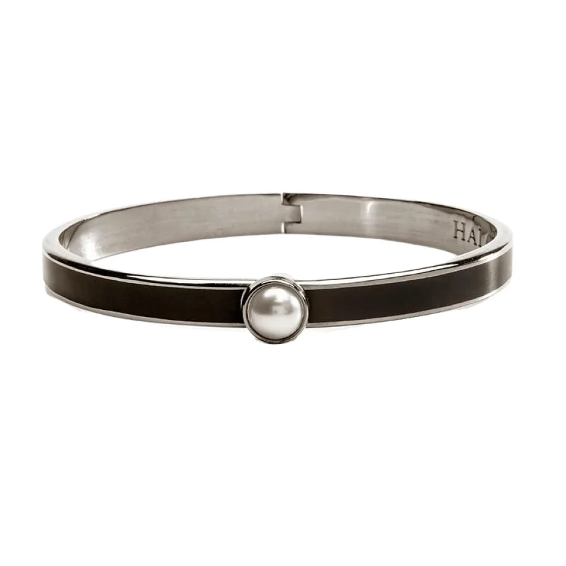 Best bangle bracelets with customizable charms for a personalized, unique piece-Halcyon Days Palladium Black Hinged Bangle Bracelet with Pearl