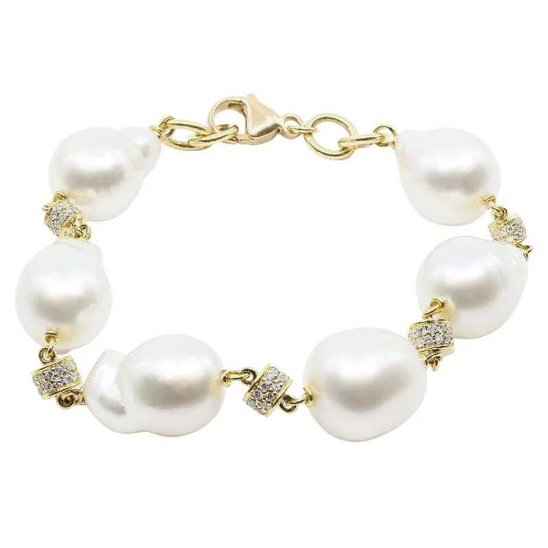 Simple gold bangle bracelets with smooth finishes for a classic and elegant style-18K YELLOW GOLD BAROQUE SOUTH SEA PEARL AND DIAMOND SPACER BRACELET