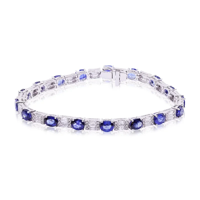 Oversized bangle bracelets with unique textures for a statement-making accessory-18K WHITE GOLD STRAIGHT LINE OVAL SAPPHIRE, ROUND DIAMOND AND BAGUETTE TENNIS BRACELET 2.24CTW