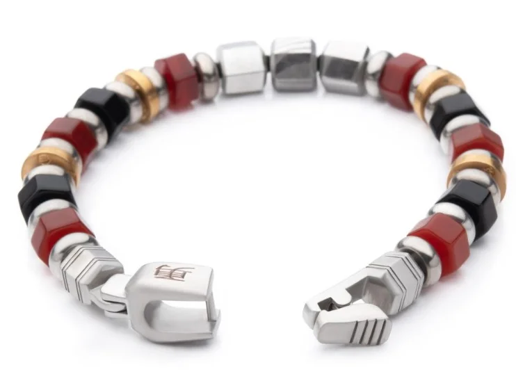 Stackable bangle bracelets with customizable charms for a personalized collection-8.25''St. St. Mokume Gane, Red Agate & Onyx Beads Bushido Virtue Bracelet  YU: Heroic Courage