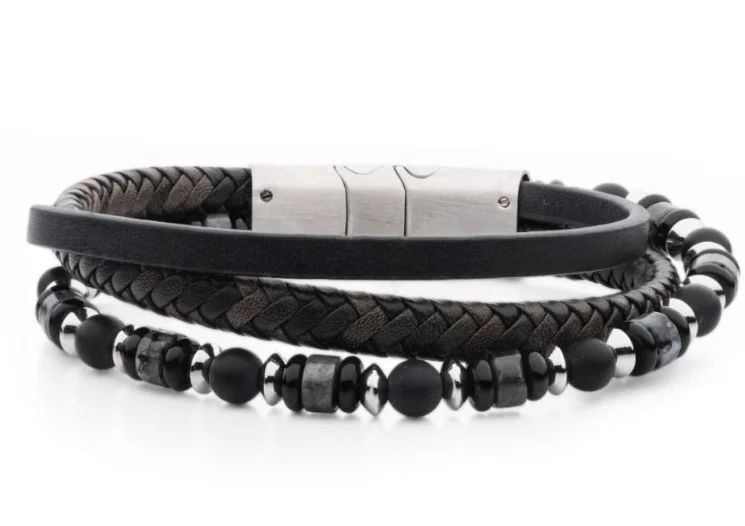 Best bangle bracelets with customizable charms for a personalized, unique piece-8-8.5'' Multi-Strand Bracelet, Blk & Gry Leather and Gemstone Beads   w/ Blk Onyx & White Howlite Stone