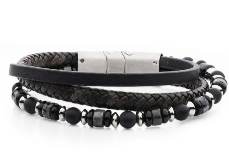 Colorful bangle bracelets with enamel details for a playful and youthful style-8-8.5'' Multi-Strand Bracelet, Blk & Gry Leather and Gemstone Beads   w/ Blk Onyx & White Howlite Stone