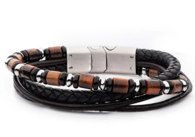 Best bangle bracelets with nature-inspired designs like leaves and flowers-8-8.5'' Multi-Strand Bracelet, Brwn/Blk Leather and beads   w/ Blk Onyx & Tiger's Eye Stone