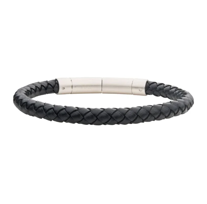 Best bangle bracelets with stacked designs for a trendy and fashionable look-8-8.5'' St,St, Black Full Grain Cowhide Leather Bracelet