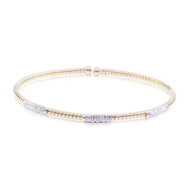 Best bangle bracelets with heart-shaped charms for a romantic and sweet touch-18K YELLOW GOLD FLEXIBLE TWISTED WIRE CUFF BRACELET WITH PAVE DIAMOND STATIONS