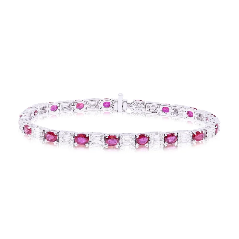 Best bangle bracelets with stacked designs for a trendy and fashionable look-18K WHITE GOLD 7-INCH STRAIGHT LINE ALTERNATING OVAL RUBY, BAGUETTE AND ROUND DIAMOND BRACELET