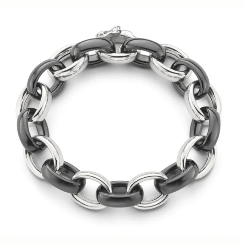 Stainless steel bangle bracelets with polished finishes for a sleek and durable design-MONICA RICH KOSANN 8-INCH STERLING SILVER XL ULTRA-BLACK CERAMIC ALTERNATING LINK BRACELET