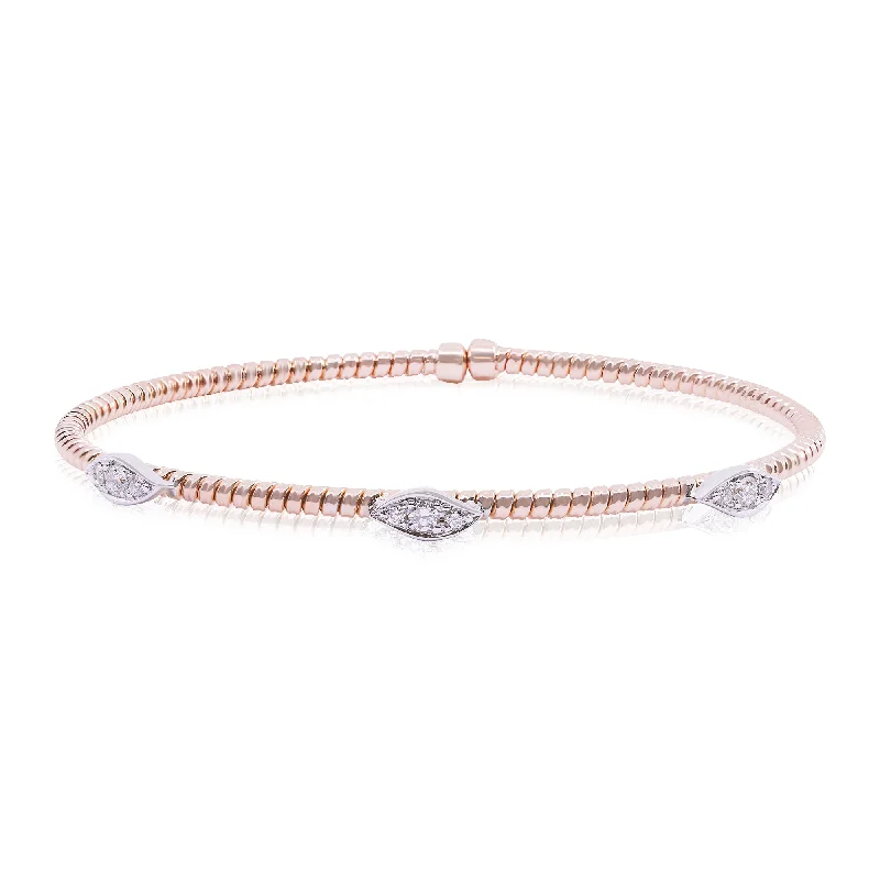 Best bangle bracelets for stacking with delicate and thin designs for layering-18K ROSE GOLD FLEXIBLE TWISTED WIRE CUFF BRACELET WITH PAVE DIAMOND STATIONS 0.25CTW