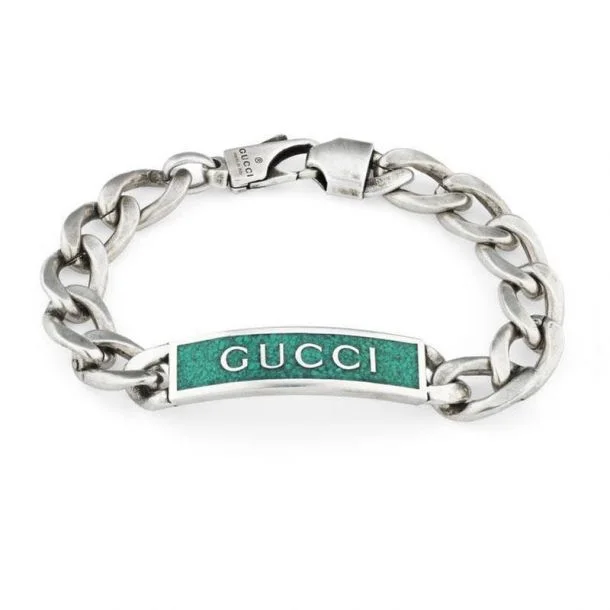 Unique bangle bracelets with colorful enamel designs for a vibrant and playful look-GUCCI STERLING SILVER 6.5-INCH GREEN ENAMEL GUCCI LOGO ID BRACELET