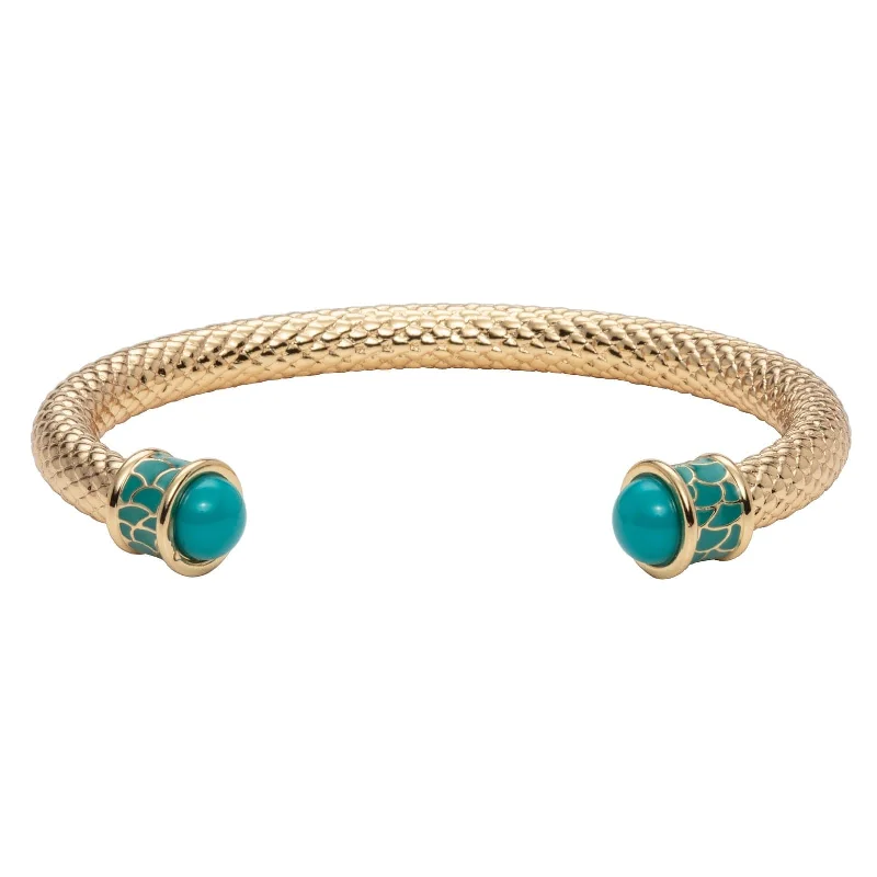 Wide bangle bracelets with modern geometric patterns for a bold fashion statement-18K YELLOW GOLD PLATED SALAMANDER TORQUE TURQUOISE BANGLE