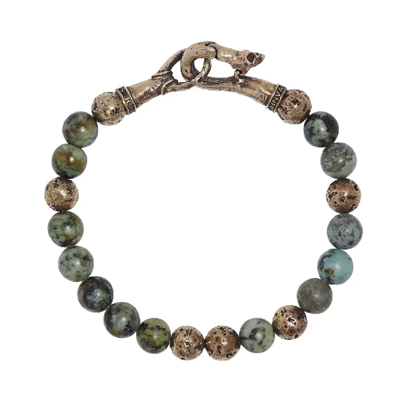 Best bangle bracelets with nature-inspired designs like leaves and flowers-John Varvatos men's 8inch distressed brass and turquoise 8mm bead bracelet