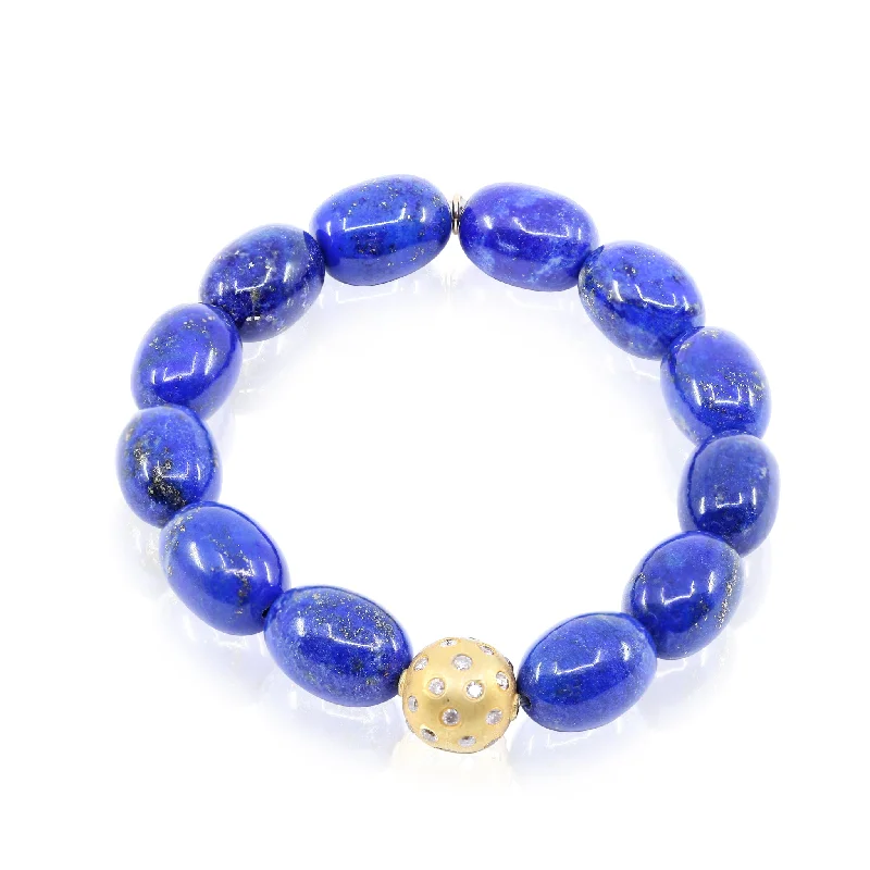 Elegant bangle bracelets with diamond-shaped stones for a sophisticated look-OVAL LAPIS BEAD STRETCH BRACELET WITH 14K YELLOW GOLD AND DIAMOND ACCENT