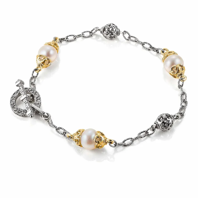 Best bangle bracelets with crystal inlays for a sparkling, glamorous appearance-Filigree Bead and Pearl Station Bracelet with 18k Gold Vermeil