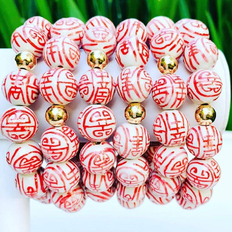 Wide bangle bracelets with modern geometric patterns for a bold fashion statement-Chinoiserie Porcelain Stretch Bracelet - 14mm Bead - Sailcloth Red