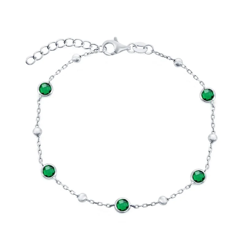 Stainless steel bangle bracelets with polished finishes for a sleek and durable design-Classic Women's Bracelet - Sterling Silver Bezel-Set Emerald CZ and Beads | T-8083