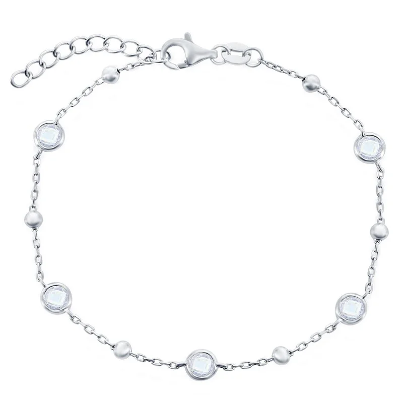 Thin bangle bracelets with mixed metals for a contemporary and versatile look-Classic Women's Bracelet - Sterling Silver Bezel-Set White CZ and Beads | T-8082