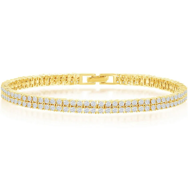 Elegant bangle bracelets with diamonds for a luxurious and sparkling accessory-Classic Women's Bracelet - Sterling Silver Gold Double Row CZ Tennis | T-7885-GP