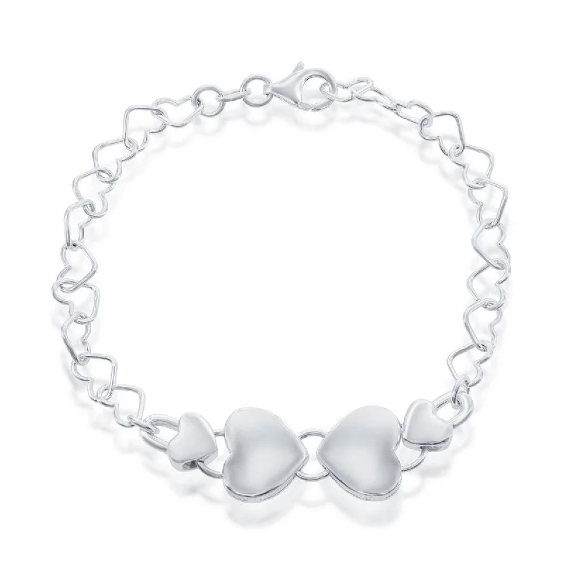 Best bangle bracelets with pearls and crystals for a glamorous and sophisticated look-Classic Women's Bracelet - Sterling Silver Link with 4 Center Hearts | S-4587