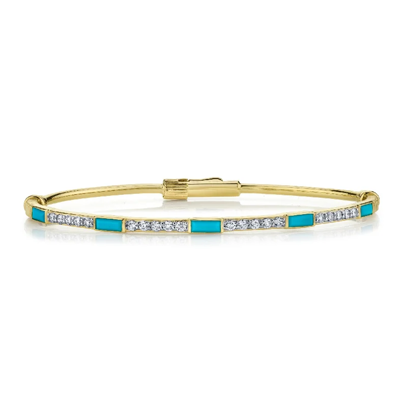 Bangle bracelets with enamel inlay designs for a colorful and eye-catching appearance-SLOANE STREET 18K YELLOW GOLD BAGUETTE TURQUOISE AND DIAMOND BANGLE BRACELET