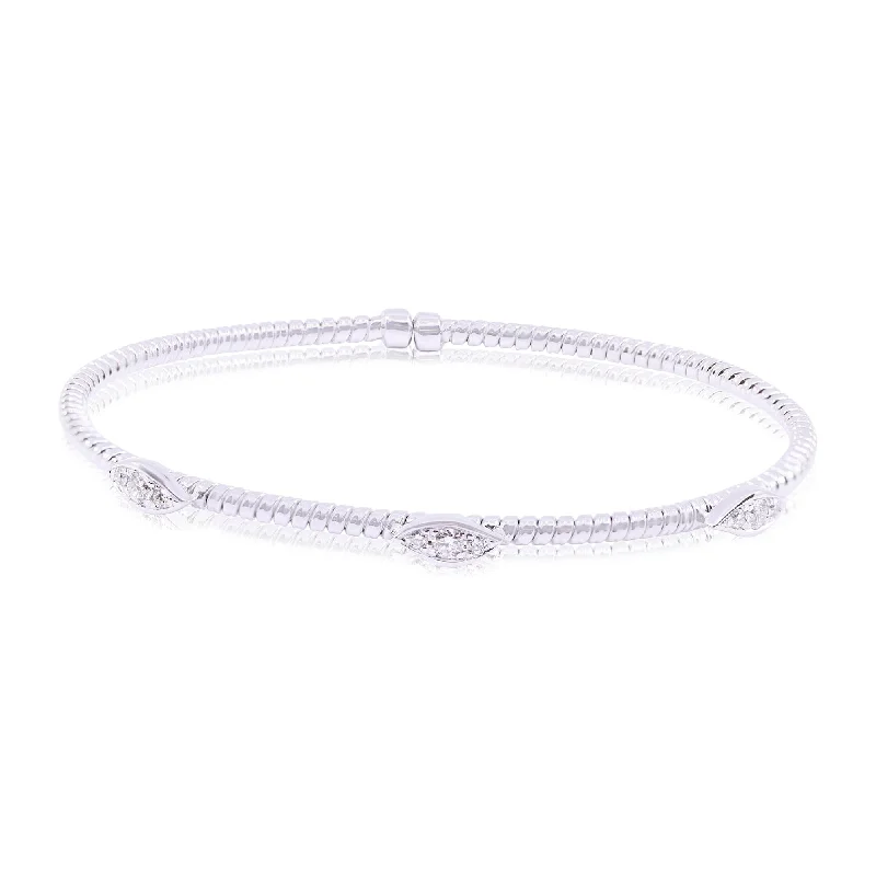 Wide bangle bracelets with bright gemstone accents for a bold, vibrant style-18K WHITE GOLD FLEXIBLE TWISTED WIRE CUFF BRACELET WITH PAVE DIAMOND STATIONS 0.25CTW