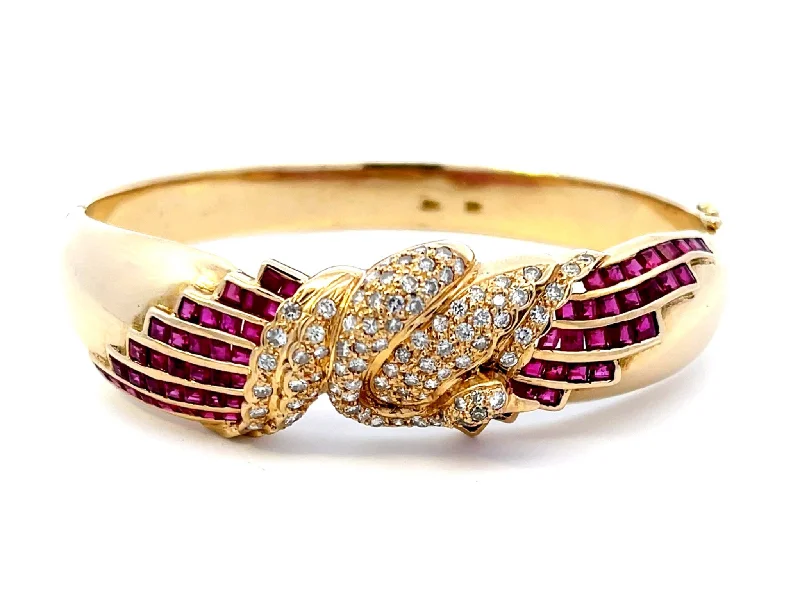 Best bangle bracelets with enamel detailing for a colorful and unique design-Diamond Swan and Ruby Bangle in 14k Yellow Gold