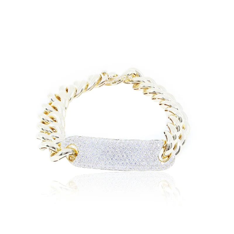 Best silver bangle bracelets with intricate detailing for a timeless and sophisticated style-18K YELLOW GOLD HEAVY CURB LINK BRACELET WITH PAVE DIAMOND ID PLATE