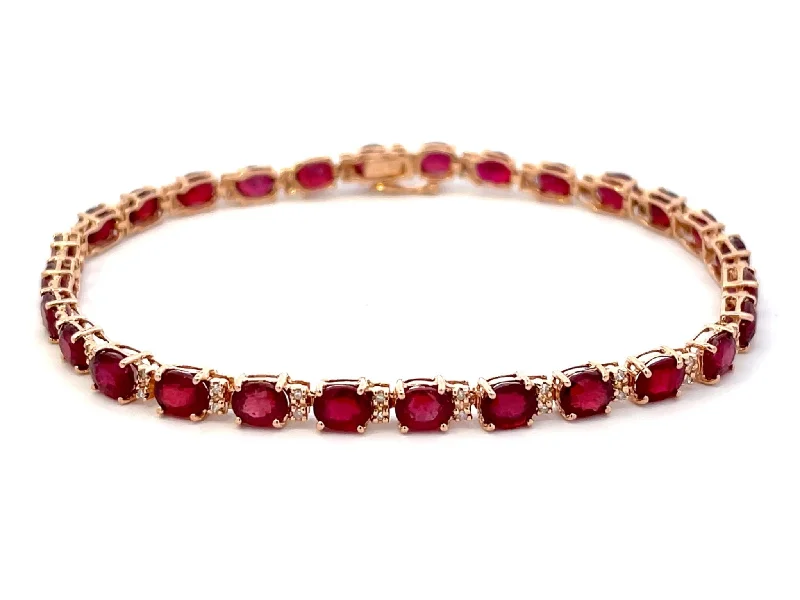 Vintage-inspired bangle bracelets with antique finishes for a retro, nostalgic style-Effy Oval Red Ruby and Diamond Tennis Bracelet in 14k Rose Gold