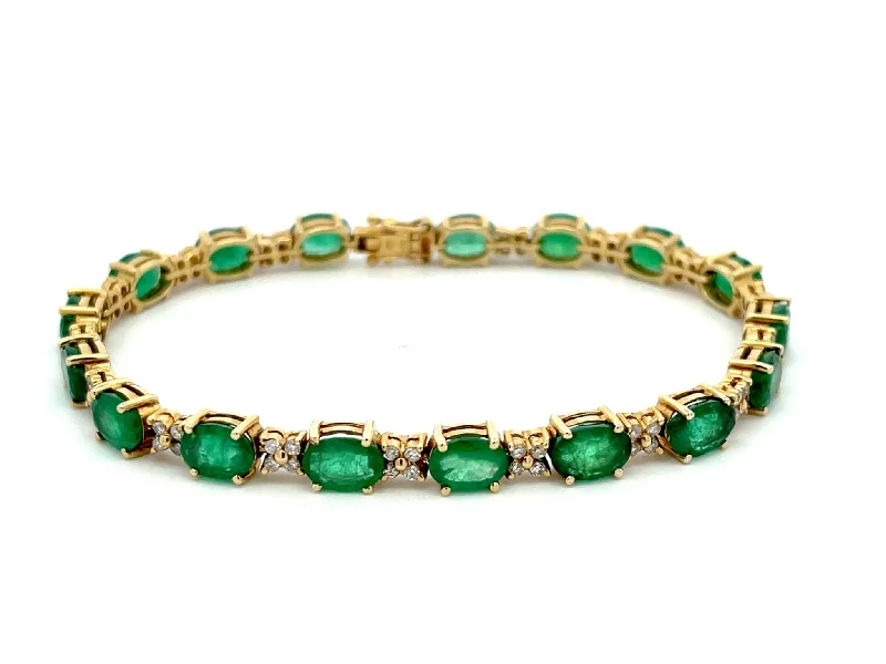 Best bangle bracelets with intricate filigree patterns for an elegant and detailed finish-Emerald and Diamond Tennis Bracelet in 14k Yellow Gold