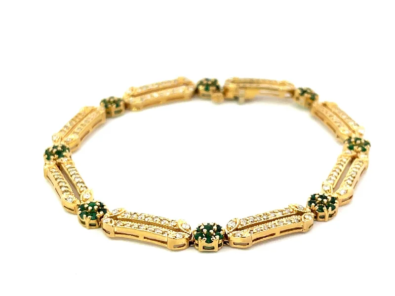 Best bangle bracelets with cubic zirconia inlays for affordable elegance and sparkle-Emerald Flower and Diamond Link Bracelet in 14k Yellow Gold