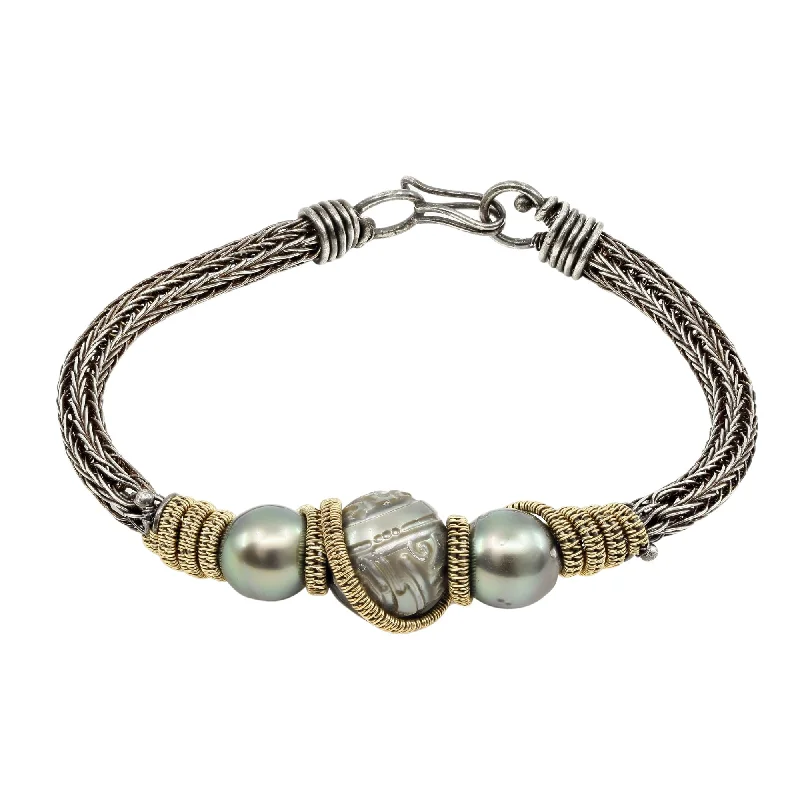 Best bangle bracelets with braided designs for a textured and sophisticated look-Sterling Silver, 18K Yellow Gold and Tahitian Pearl Knit Bracelet