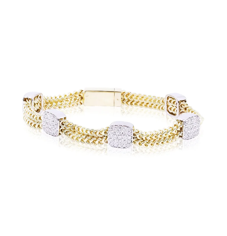 Best bangle bracelets with solid gold for an elegant and luxurious design-14K YELLOW GOLD 7-INCH DOUBLE STRAND BOXED WHEAT LINK CHAIN BRACELET WITH PAVE DIAMOND STATIONS 1.50CTW