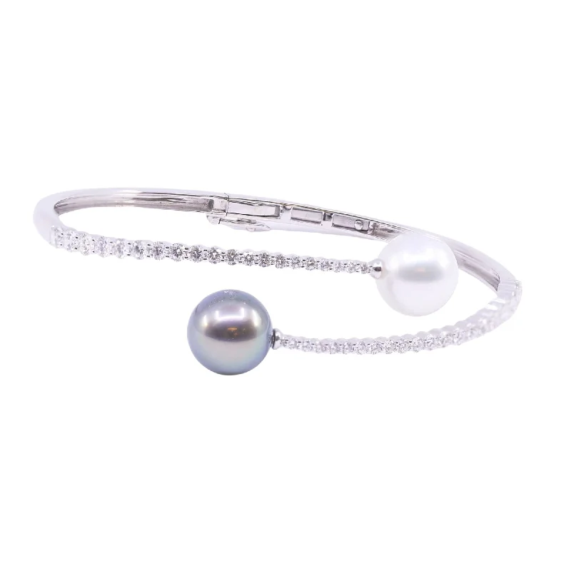 Best bangle bracelets with adjustable sizes for a comfortable and perfect fit-18K WHITE GOLD SOUTH SEA AND TAHITIAN PEARL BYPASS BRACELET WITH DIAMONDS 1.83CTW