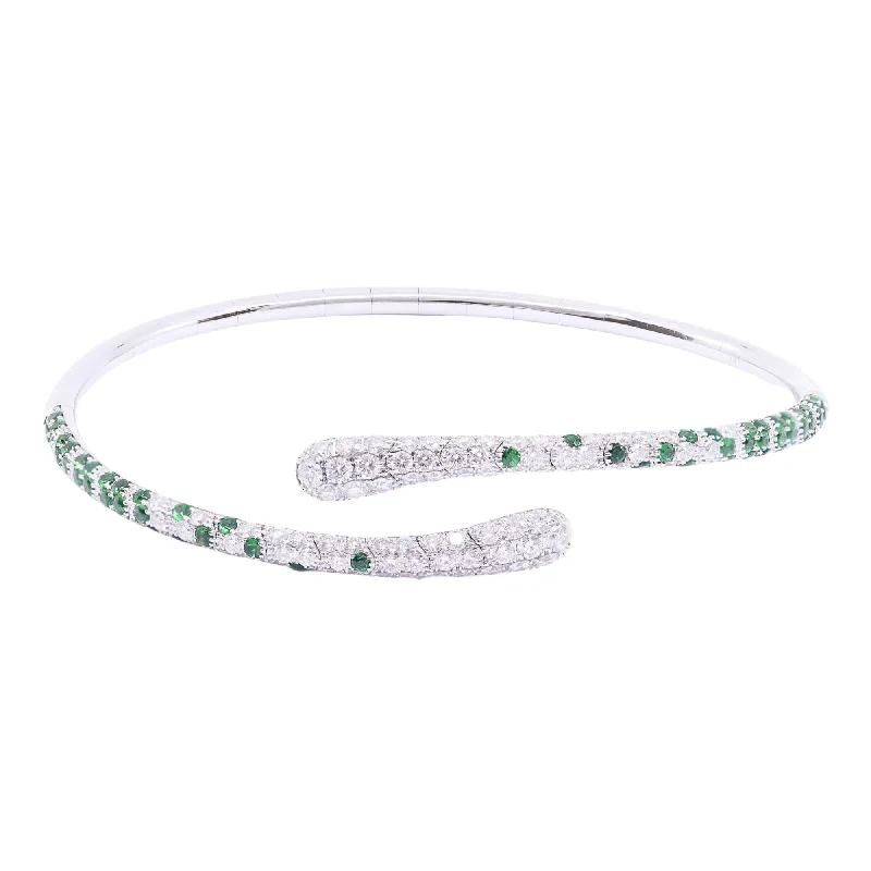 Gold bangle bracelets for women with a minimalist and sleek design-18K WHITE GOLD TSAVORITE GARNET AND DIAMOND FLEXIBLE BYPASS BANGLE BRACELET