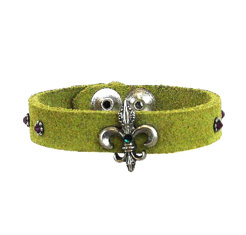 Best bangle bracelets with customizable charms for a personalized, unique piece-Fleur De Lis Leather Bracelet .55" Green Suede