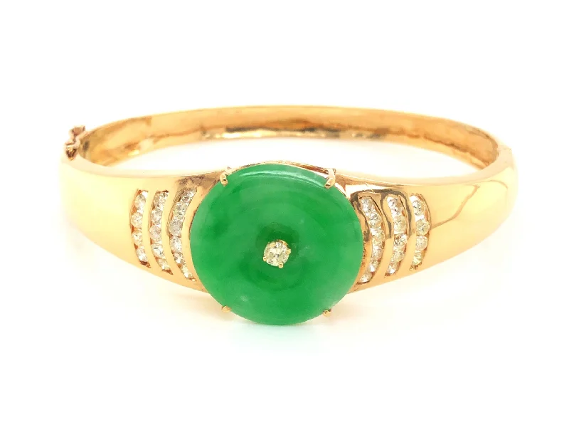 Unique bangle bracelets with colorful enamel designs for a vibrant and playful look-Green Jadeite Jade and Diamond Hinged Bangle Bracelet in 18k Yellow Gold