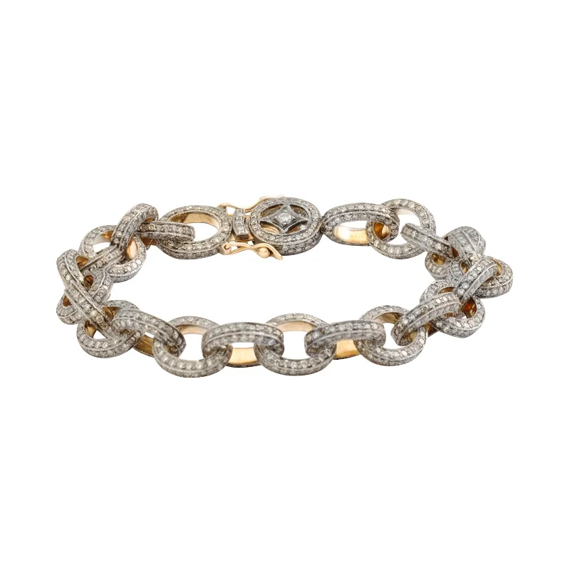 Silver bangle bracelets with hammered textures for a rustic and modern finish-Indo Russian Oval Link Diamond Bracelet - Yellow Gold