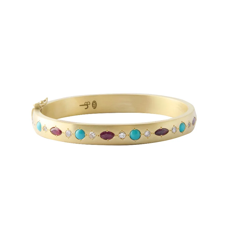 Best bangle bracelets with pastel enamel for a soft and delicate aesthetic-Gypsy Bangle - Ruby, Diamond, and Turquoise