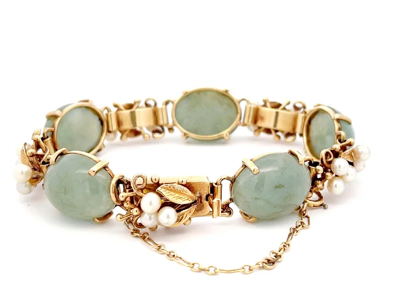 Best bangle bracelets with cubic zirconia for a dazzling and affordable alternative to diamonds-Mings Hawaii Jade and Pearl Leaf Bracelet in 14K Yellow Gold