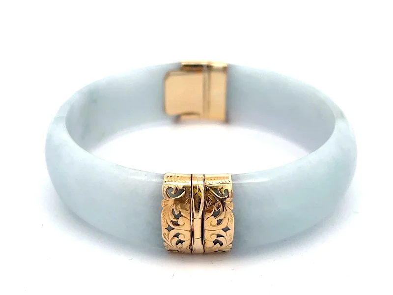 Wide bangle bracelets with bright gemstone accents for a bold, vibrant style-Mings Hawaii Wide Pale Green Jade Hinged Bangle in 14K Yellow Gold