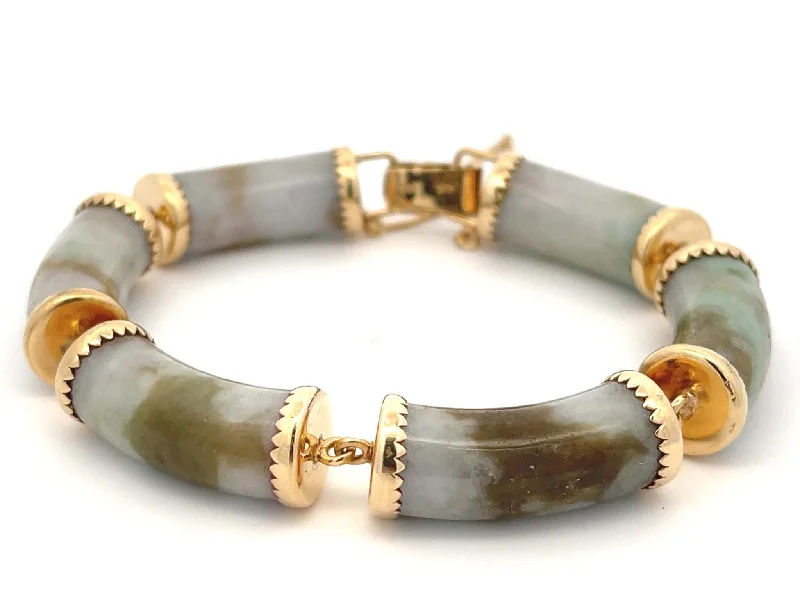 Best bangle bracelets with infinity symbols for a timeless and meaningful design-Mings Pale Green and Brown Jade Bracelet in 14K Yellow Gold