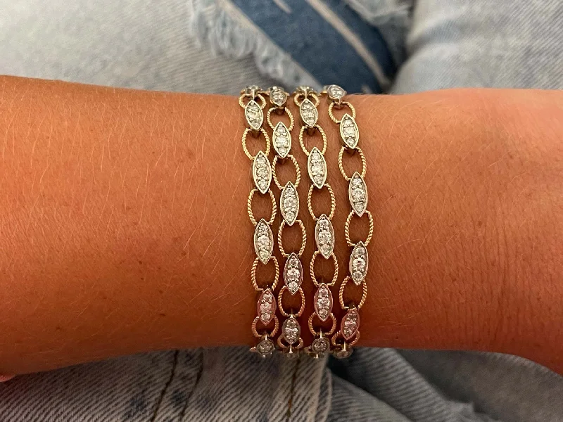 Stacked bangle bracelets with alternating textures for a dynamic, trendy look-Multi Strand Diamond Link Bracelet in 18k Rose and White Gold