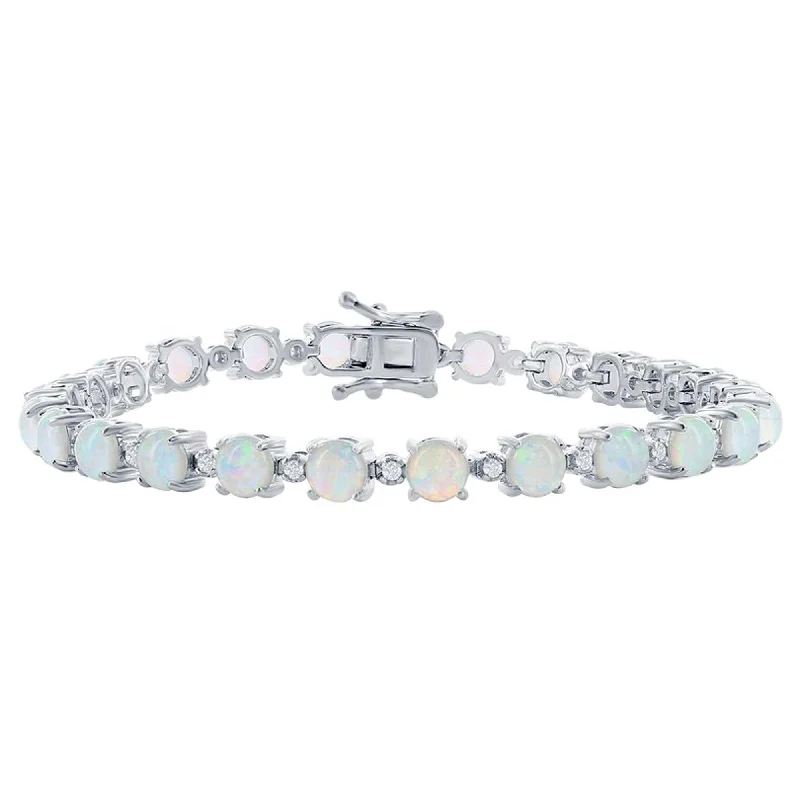 Classic bangle bracelets with pearl embellishments for a feminine and classic touch-Opalata Women's Bracelet - Silver Alternating Round White Opal and CZ Tennis | T-8088