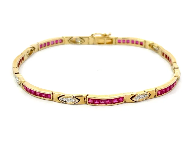 Sleek bangle bracelets with polished titanium for a modern and lightweight option-Princess Cut Red Ruby and Diamond Link Bracelet in 14k Yellow Gold