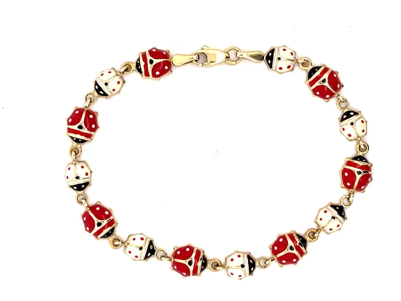 Best bangle bracelets with sapphire stones for an elegant and rich pop of color-Red and White Enamel Ladybug Bracelet in 14k Yellow Gold