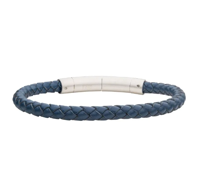 Best bangle bracelets with heart-shaped charms for a romantic and sweet touch-St.St. 6mm Blue Leather Press Clasp Bracelet. w/ Extra Link 8-8.5"