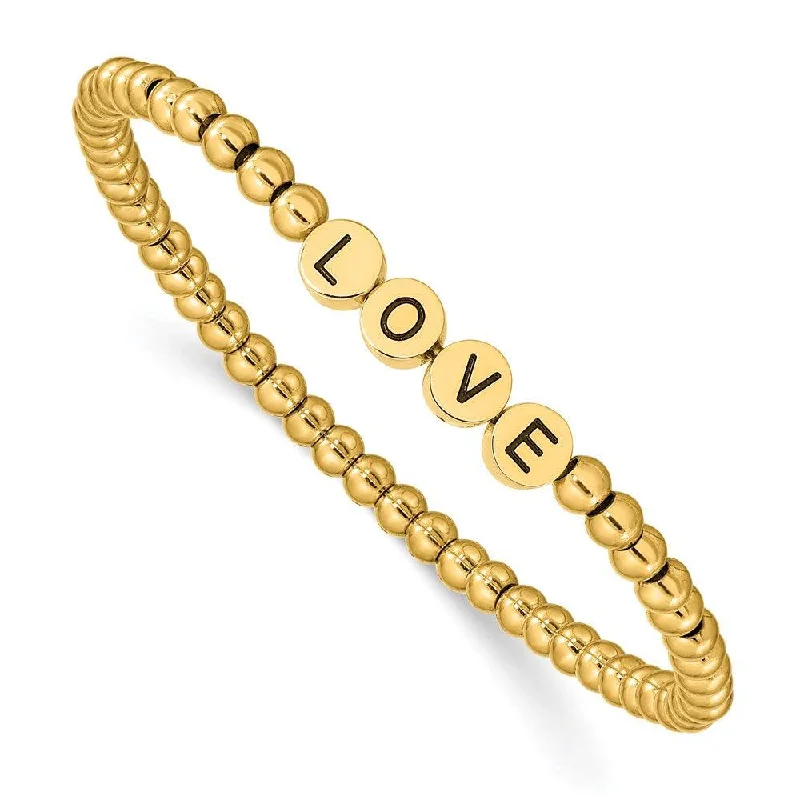 Best bangle bracelets with gold-plated finishes for an affordable luxury option-Stainless Steel Antiqued and Polished Yellow IP LOVE Stretch Bracelet