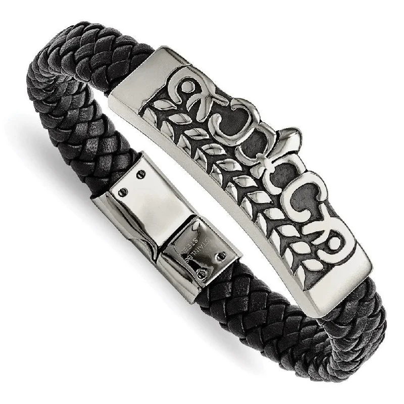 Bangle bracelets with braided leather straps for a chic, rustic vibe-Stainless Steel Antiqued Fleur de Lis Black Leather Bracelet