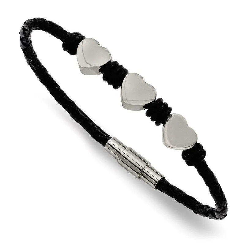 Best silver bangle bracelets with intricate detailing for a timeless and sophisticated style-Stainless Steel Black Leather w/Polished Hearts 7.5in Bracelet